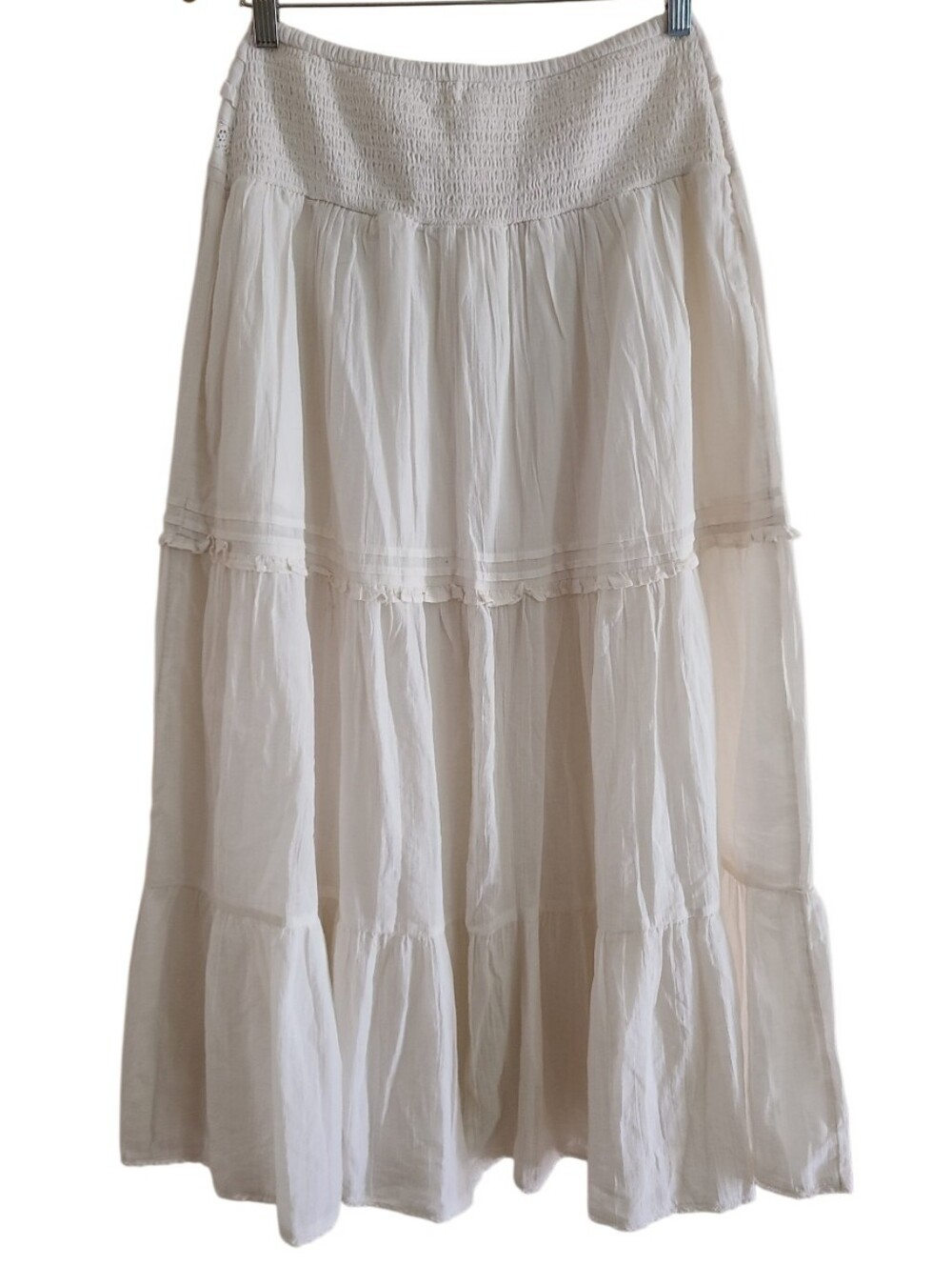 NWT Aerie Boho Button Maxi Skirt Cream Tiered Ruffle Semi Sheer Western - Picture 11 of 16